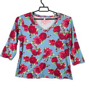 The Pioneer Woman Floral Blouse Top V Neck 3/4 Sleeve Polyester Stretch Size XL